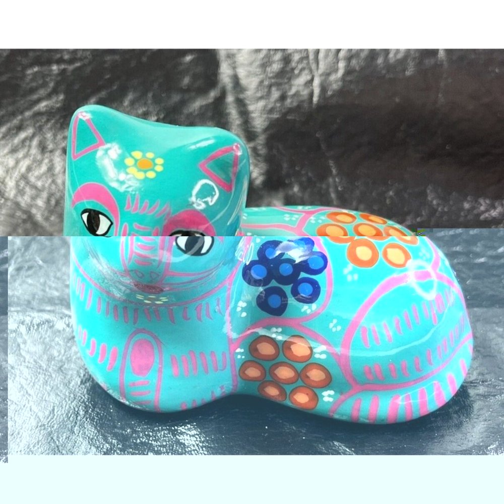 Vintage Mexican Talavera Pottery Handprinted Cat 4" Folk Art Glazed Colorful - Picture 2 of 7